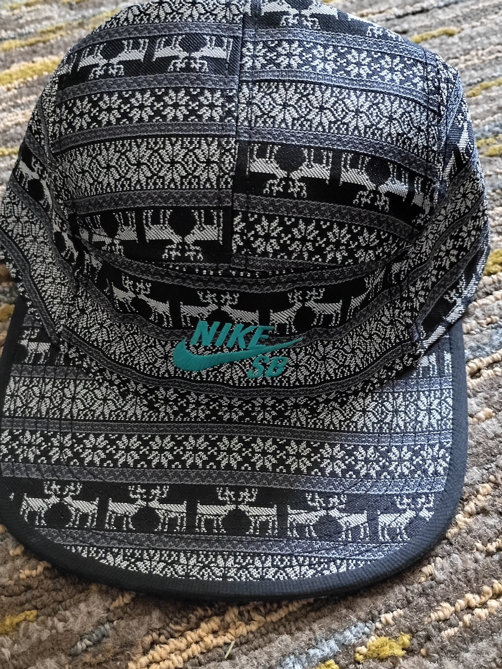 Nike SB Black & White Reindeer Pattern Cap with Teal Logo